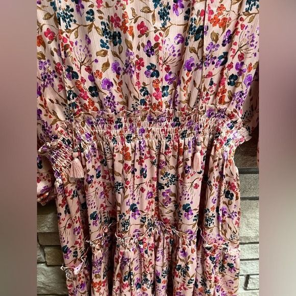 Love stitch Pink Floral Smocked Waist Tiered Ruffle Dress with Tassel Tie Medium - Picture 6 of 12